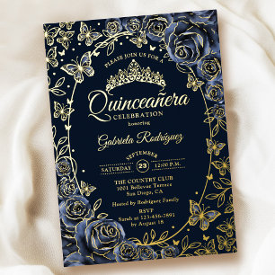 Navy Gold Butterflies Roses Quinceanera