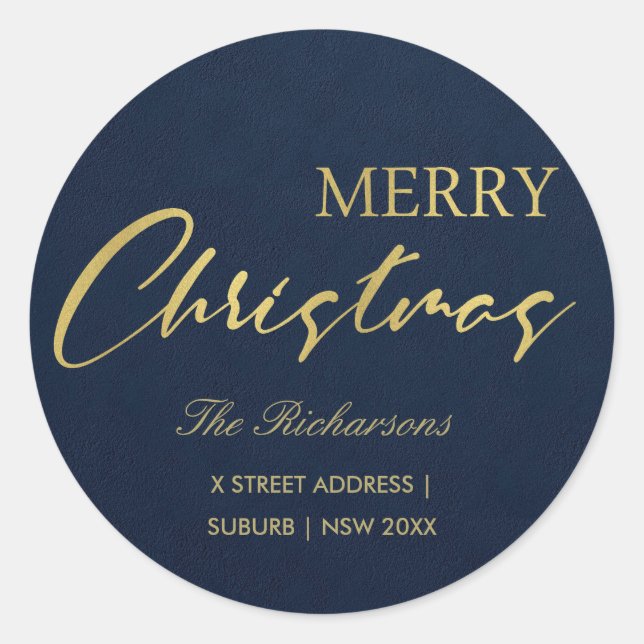 NAVY GOLD CALLIGRAPHY MERRY CHRISTMAS ADDRESS CLASSIC ROUND STICKER (Front)