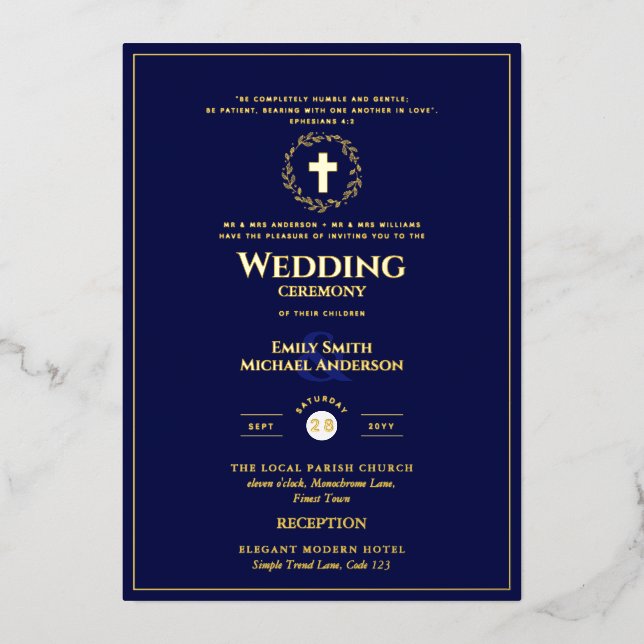 Navy Gold Catholic Wedding Elegant Formal Modern (Front)