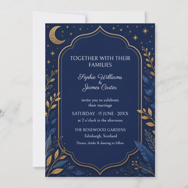 Navy Gold Celestial Botanical Wedding Invitation (Front)