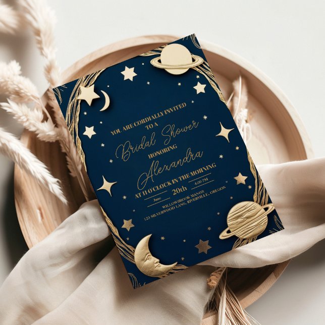Navy Gold Celestial Crescent Moon Bridal Shower Invitation (Creator Uploaded)