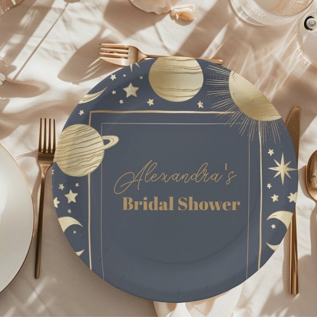 Navy Gold Celestial Crescent Moon Bridal Shower Paper Plate (Creator Uploaded)