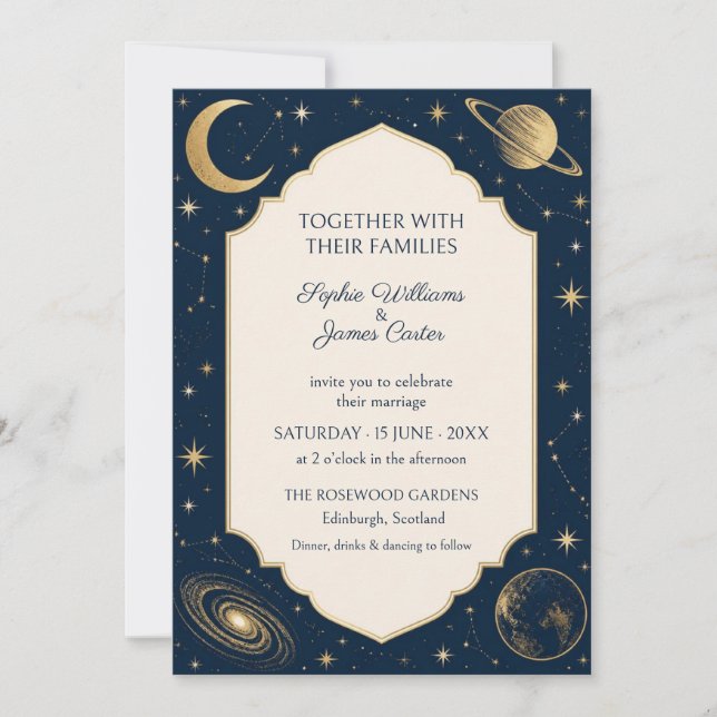 Navy Gold Celestial Galaxy Wedding Invitation (Front)
