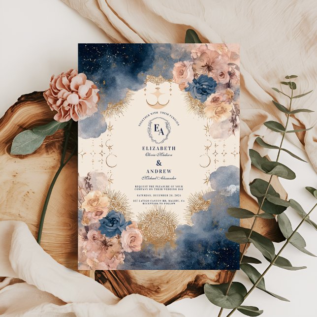 Navy Gold Celestial Romance Wedding Invitation (Creator Uploaded)