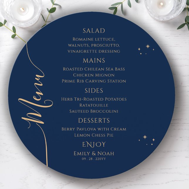 Navy Gold Celestial Stars Wedding Menu (Creator Uploaded)