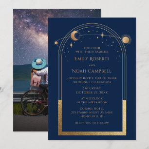 Navy Gold Celestial Sun Moon Stars Wedding Photo Invitation