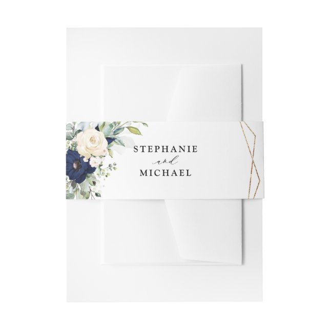 Navy Gold Champagne Ivory Geometric greenery Invitation Belly Band (Front Example)