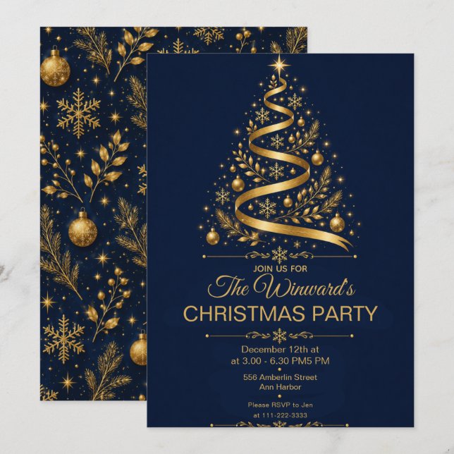 Navy Gold Christmas Party Invitation (Front/Back)