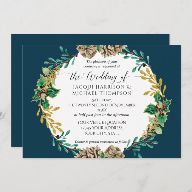 Navy Gold Christmas Pine Cone Greenery Wedding Invitation (Front/Back)