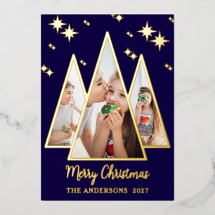 Navy Gold Christmas Tree Photo Foil Holiday Card