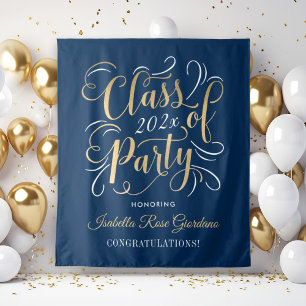 Navy Gold Class of 2026 Party Graduation Backdrop Tapestry