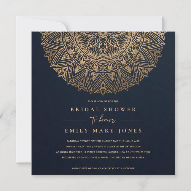 NAVY GOLD CLASSIC ORNATE MANDALA BRIDAL SHOWER INVITATION (Front)
