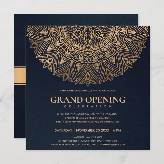 NAVY GOLD CLASSIC ORNATE MANDALA GRAND OPENING INVITATION (Front/Back)