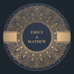NAVY GOLD CLASSIC ORNATE MANDALA WEDDING CLASSIC ROUND STICKER<br><div class="desc">If you need any further customisation please feel free to message me on yellowfebstudio@gmail.com.</div>