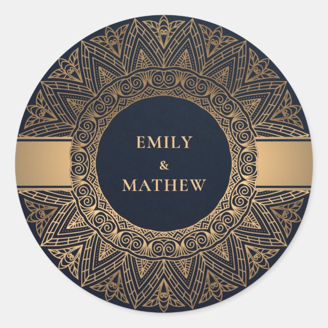 NAVY GOLD CLASSIC ORNATE MANDALA WEDDING CLASSIC ROUND STICKER (Front)