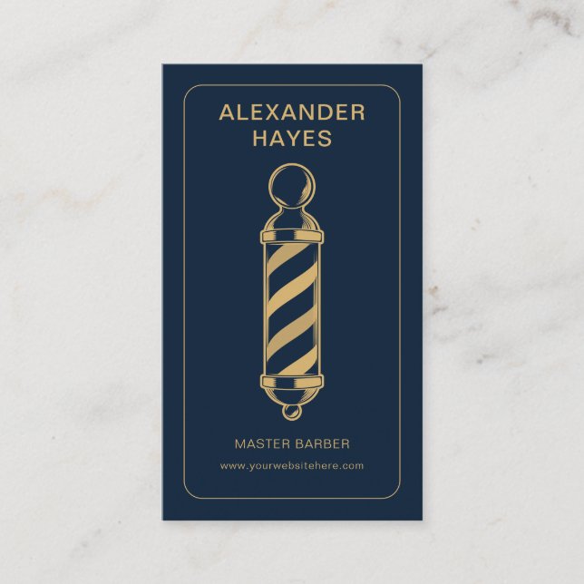 Navy Gold Classic Pole Master Barber Business Card (Front)