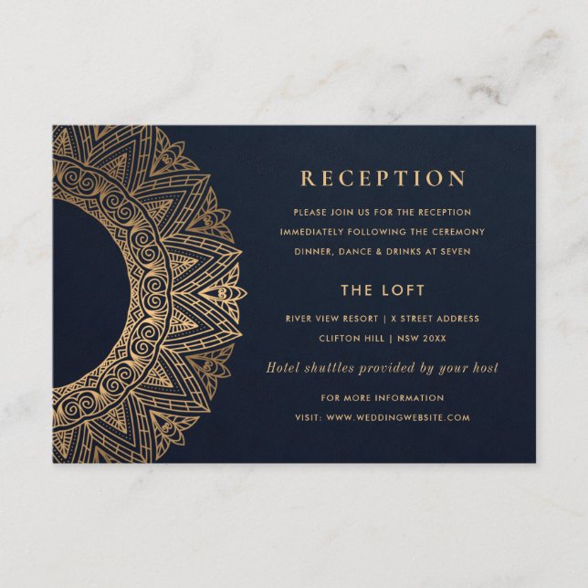 NAVY GOLD CLASSY ORNATE MANDALA WEDDING RECEPTION ENCLOSURE CARD (Front)