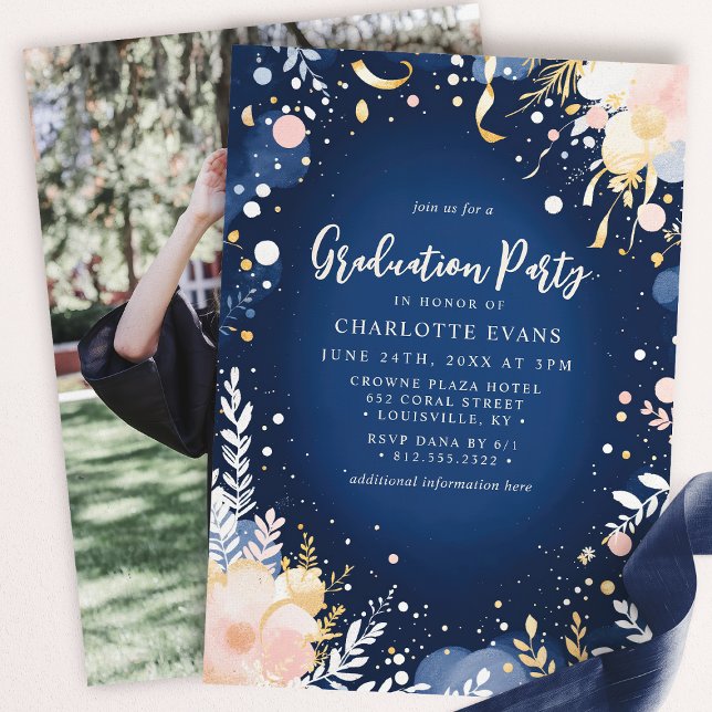 Navy Gold Confetti Floral Graduation Party Invitation (Creator Uploaded)