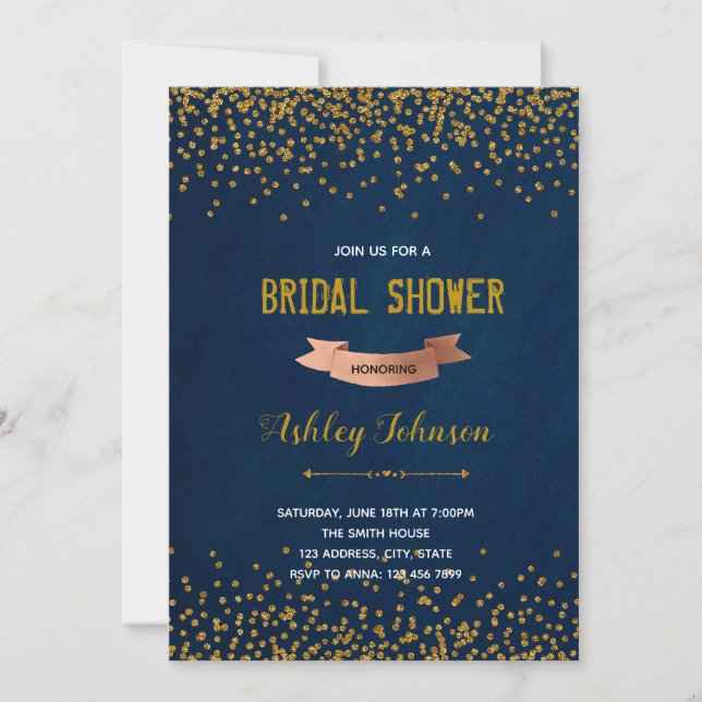 Navy gold confetti theme party invitation (Front)