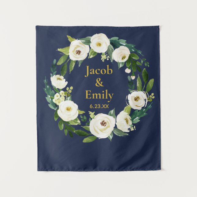 Navy Gold Custom Wedding Photo Booth Backdrop Prop Tapestry (Front)