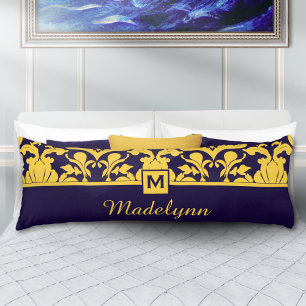 Navy Gold Damask Monogram Personalised Name Body Cushion