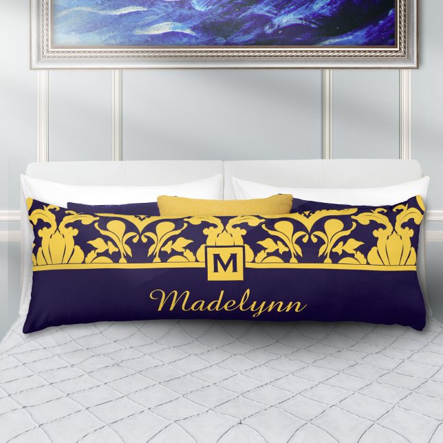 Navy Gold Damask Monogram Personalised Name  Body Cushion (Creator Uploaded)