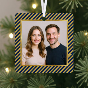 Navy & Gold Diagonal Stripe Frame Photo Christmas Metal Tree Decoration