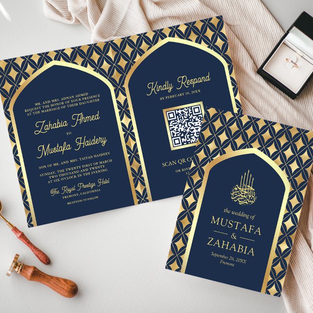 Navy Gold Diamonds Arch QR Code Muslim Wedding Invitation (Creator Uploaded)