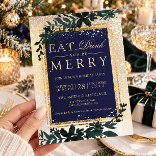 Navy Gold Eat Drink Be Merry Christmas Party Invitation