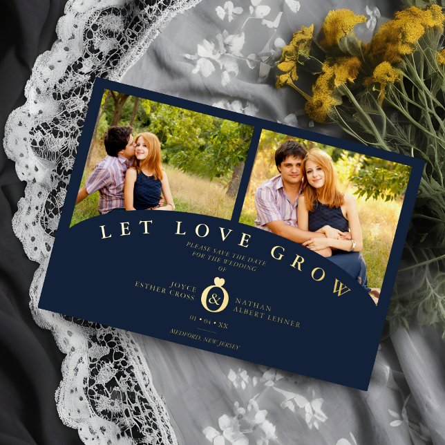 Navy Gold Elegant 2 Photos let Love Grow Wedding (Navy Gold Elegant 2 Photos let Love Grow Wedding Real Metallic Foil Save the Card with Envelope. )