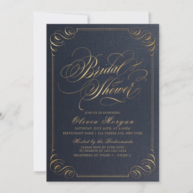 Navy gold elegant calligraphy Bridal Shower Invitation (Front)
