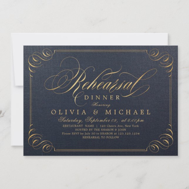 Navy gold elegant calligraphy rehearsal dinner invitation (Front)