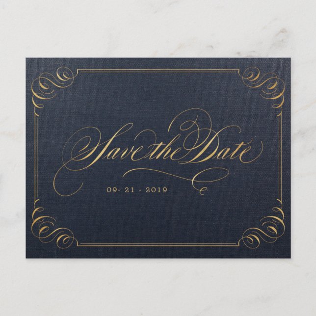 Navy gold elegant calligraphy save the date announcement postcard (Front)