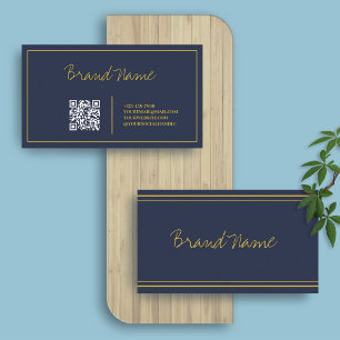Navy Gold   Elegant Calligraphy Sleek QR Code Business Card
