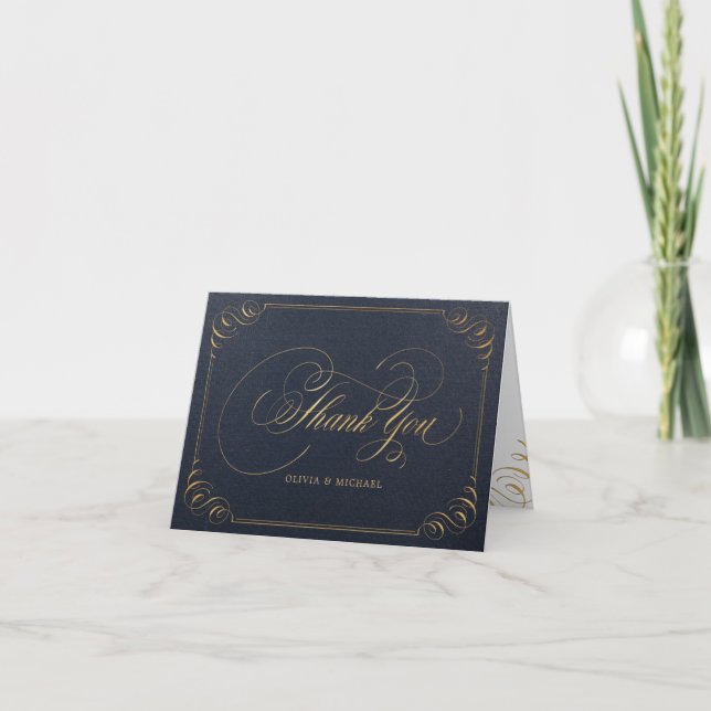 Navy gold elegant calligraphy vintage thank you card (Front)