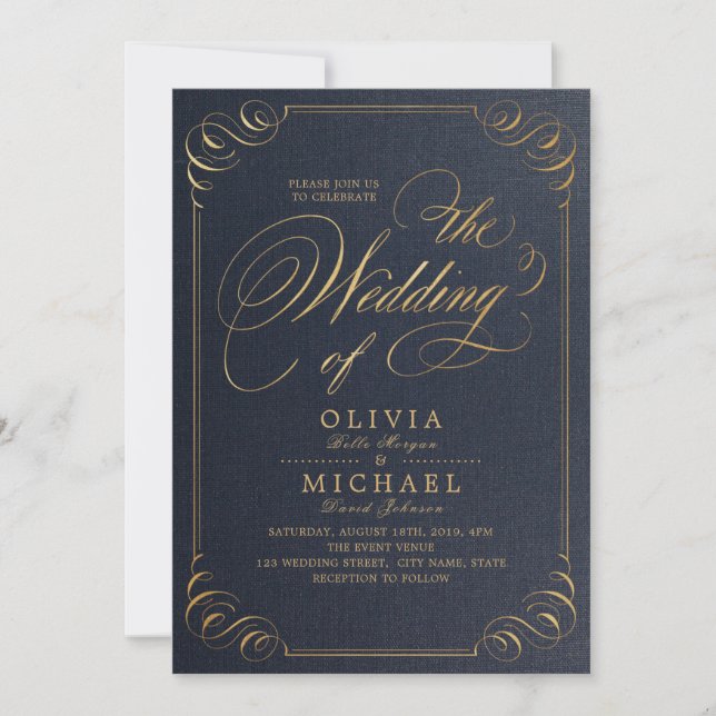 Navy gold elegant calligraphy vintage wedding invitation (Front)