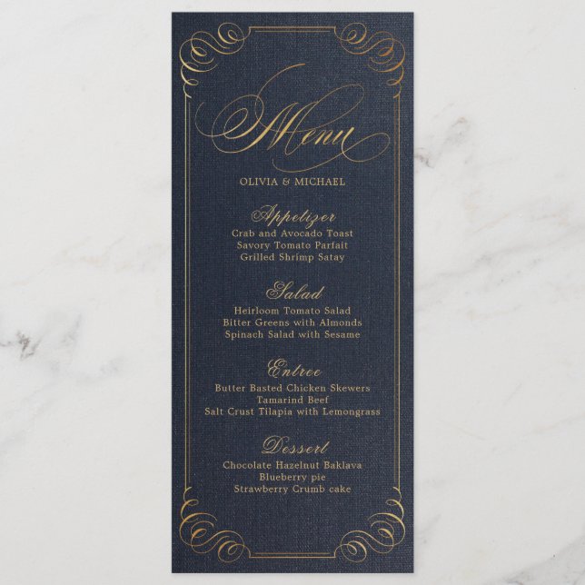 Navy gold elegant calligraphy vintage wedding menu (Front)