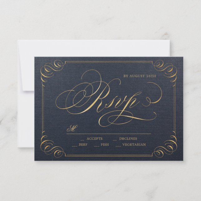 Navy gold elegant calligraphy vintage wedding RSVP Card (Front)
