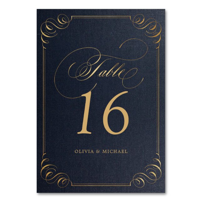 Navy gold elegant calligraphy wedding table number (Front)