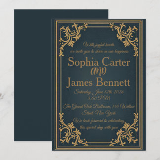 Navy Gold Elegant Formal Wedding Invitation