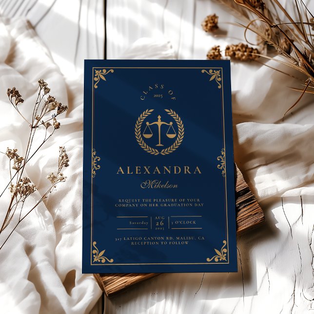 Navy Gold Elegant Law School Graduation Invitation (Creator Uploaded)