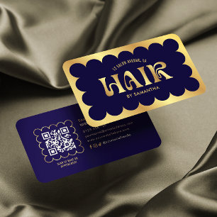 Navy & Gold Elegant Modern QR Code Hair Stylist Business Card