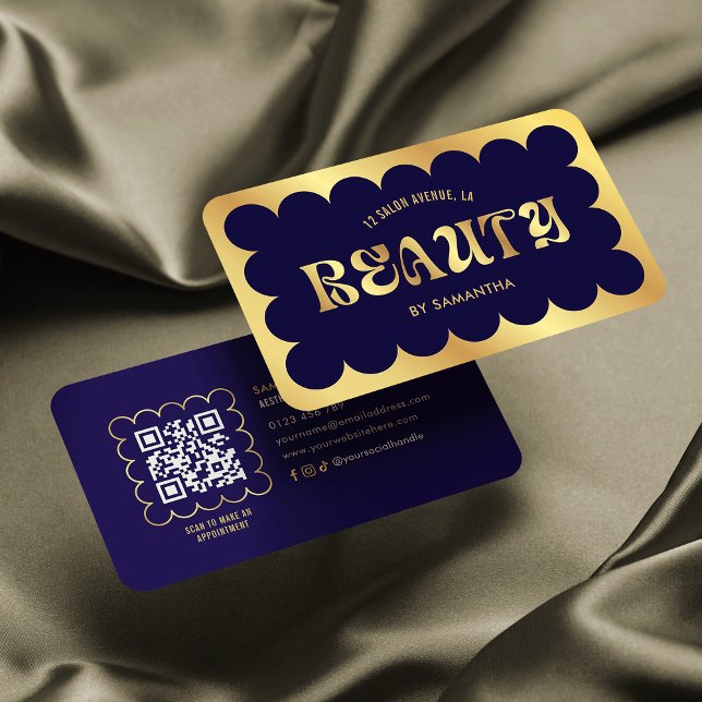 Navy & Gold Elegant QR Code Lashes Beauty Salon Business Card (Creator Uploaded)