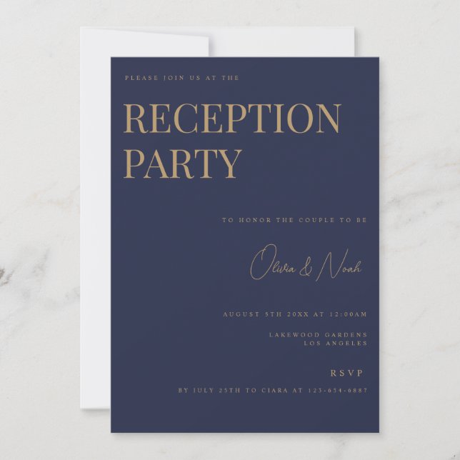 Navy & Gold Elegant Reception Invitation Card (Front)