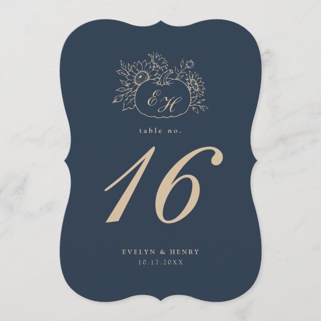 Navy Gold Fall Die-Cut Monogram Table Number (Front)