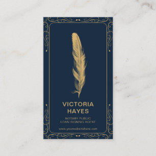 Navy Gold Feather Elegant Notary Public Loan Sign Business Card