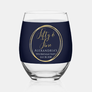 Navy Gold Fifty and Fine 50th Birthday Party Stemless Wine Glass
