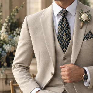 Navy Gold Fleur de Lis Baroque Damask Tie