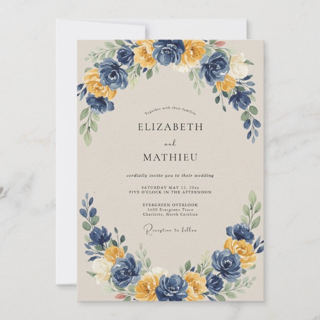 Navy Gold Floral Arch Wedding Invitation (Front)