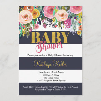 Navy & Gold Floral Baby Shower Invitation